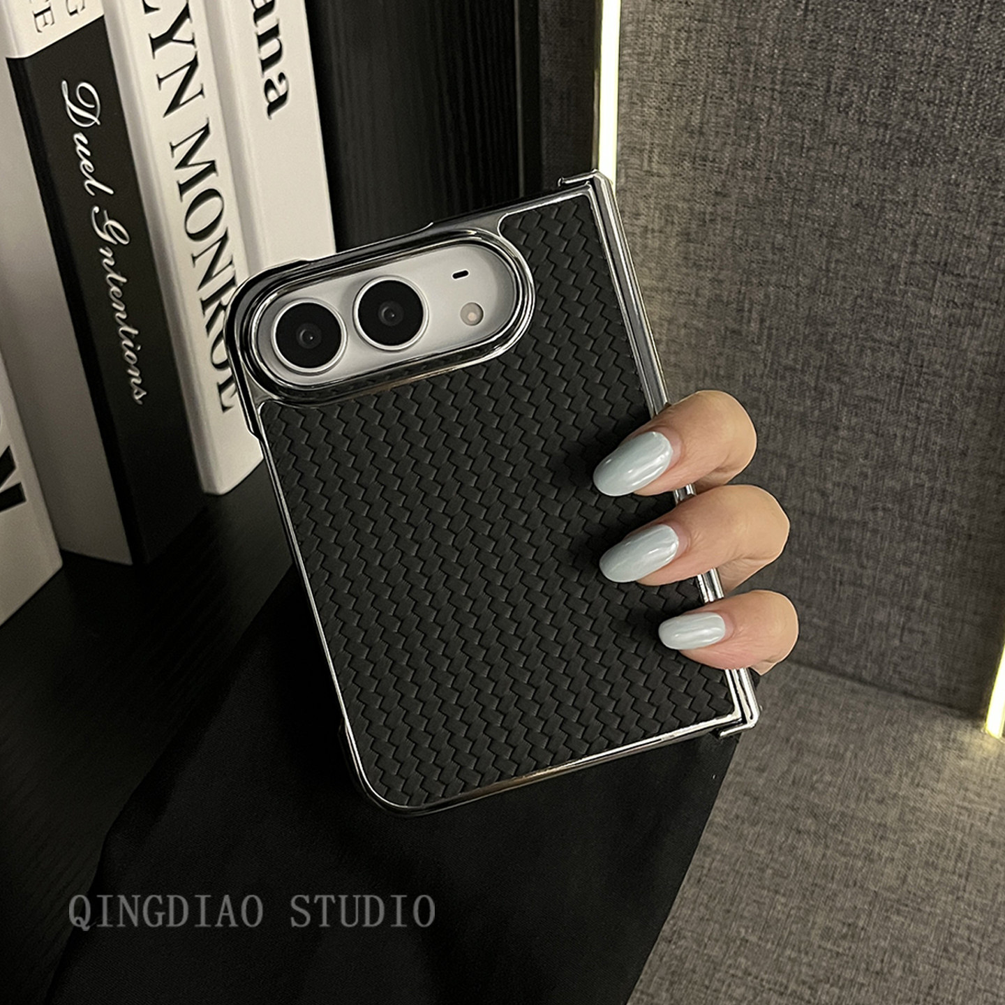 轻调 大气黑色编织纹电镀皮质三件套适用iPhone Ultra/苹果18折叠屏手机壳新款高级翻盖防摔外壳轻奢气质男女