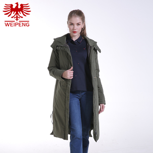 威鹏羽绒服女冬季中长款连帽防风绿色简约时尚流行保暖外套F84004