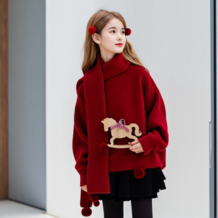 女童大红毛衣2025秋冬新款中大童套头针织衫洋气新年红色圣诞年服