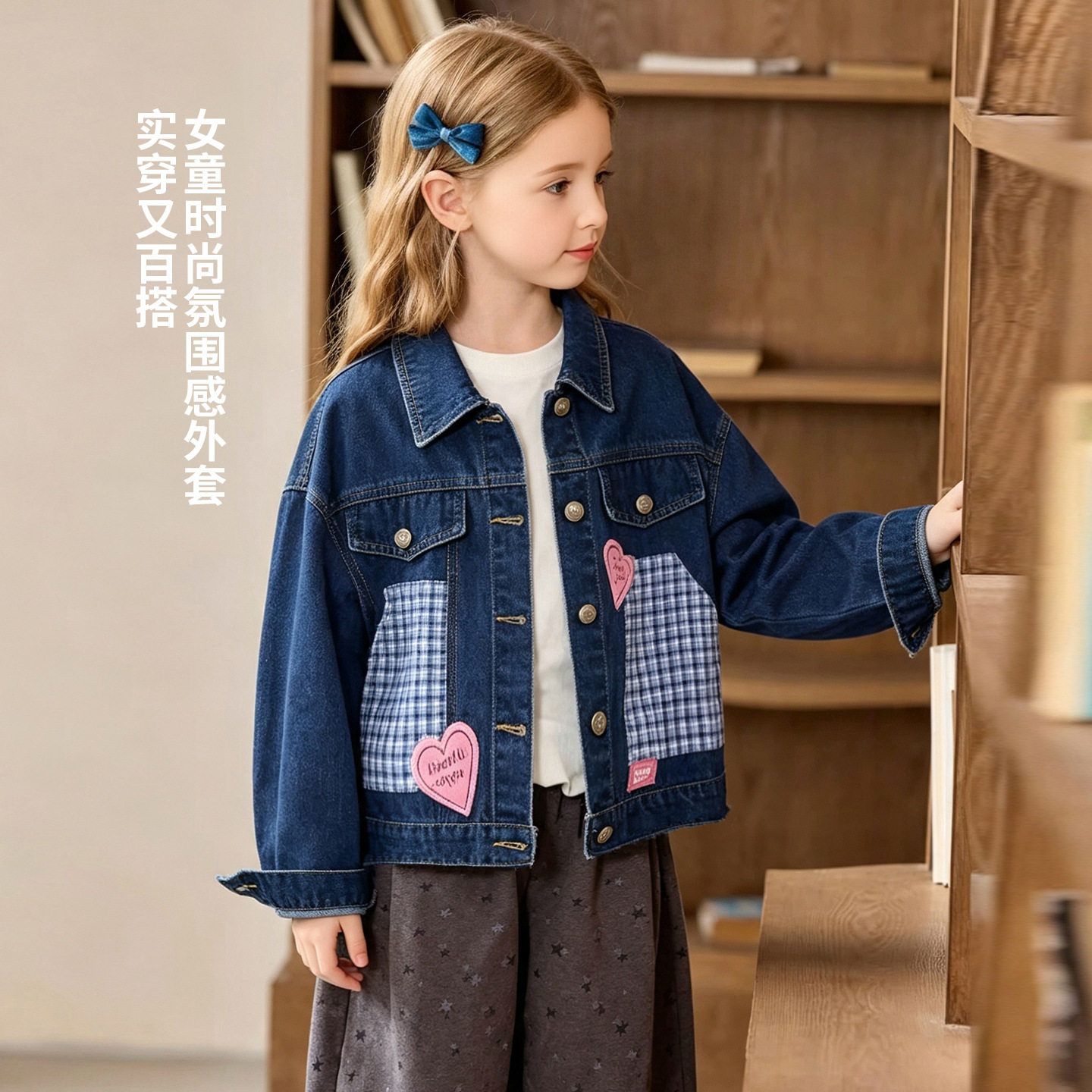 女童春秋爱心拼色牛仔外套