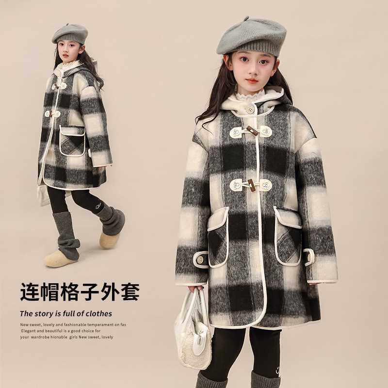 女童春秋款韩版格子毛呢大衣外套