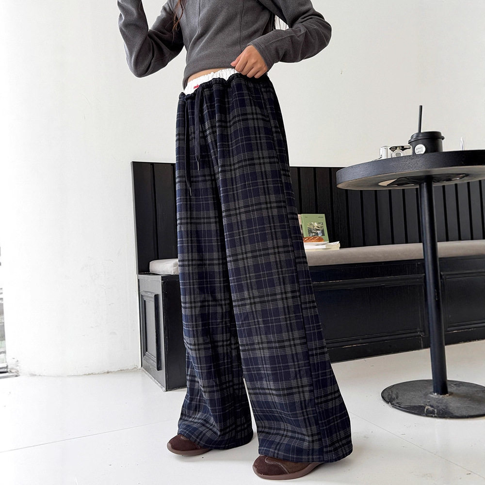 女童休闲裤2025冬装新款儿童韩系洋气格子裤大童加绒加厚阔腿裤子