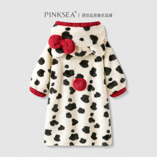 【暖呼呼】珊瑚绒睡袍女秋冬季卡通牛奶猫咪连帽长款睡衣大码浴袍