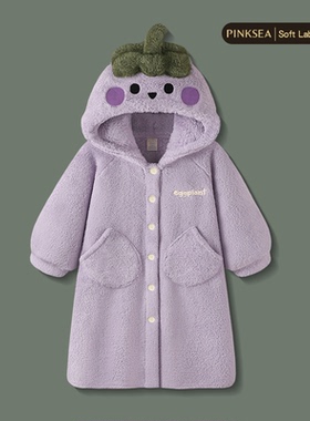 Pinksea珊瑚绒睡袍女款秋冬季长款浴袍可爱紫色茄子加厚保暖睡衣