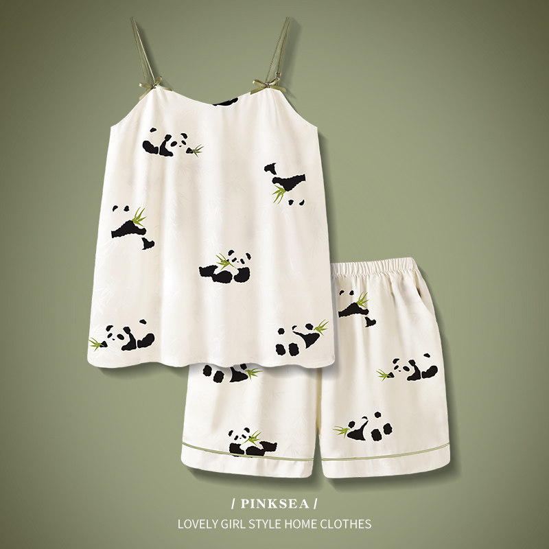 Pinksea睡衣夏女2023年新款冰丝吊带短裤套装薄款女士凉感家居服