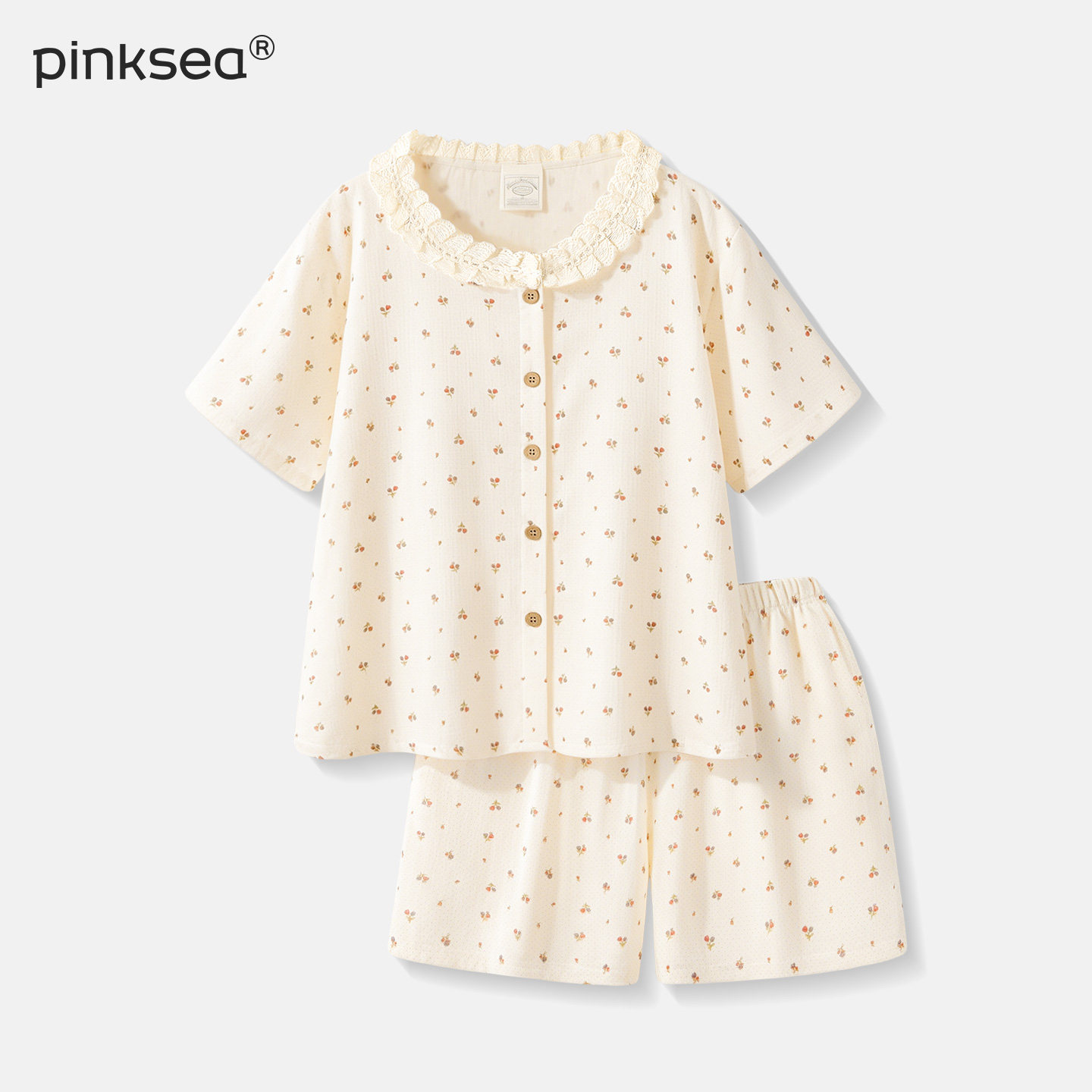 Pinksea睡衣女夏季超柔软纯棉纱布短袖套装甜美小碎花少女家居服