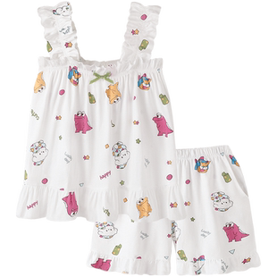 睡衣女款夏季薄款柔软棉吊带短裤套装新款大码可爱短袖女士家居服