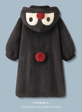 Pinksea珊瑚绒睡袍女款冬季可爱企鹅加厚连帽睡衣保暖浴袍家居服