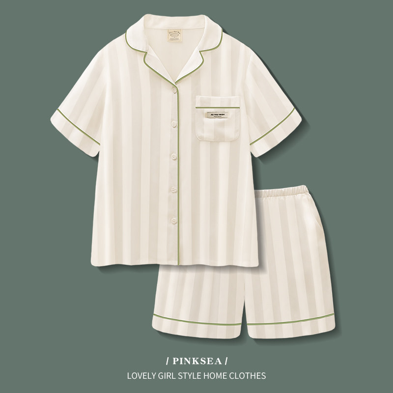 情侣睡衣夏季凉感冰丝短袖条纹套装高级感可外穿大码男女士家居服