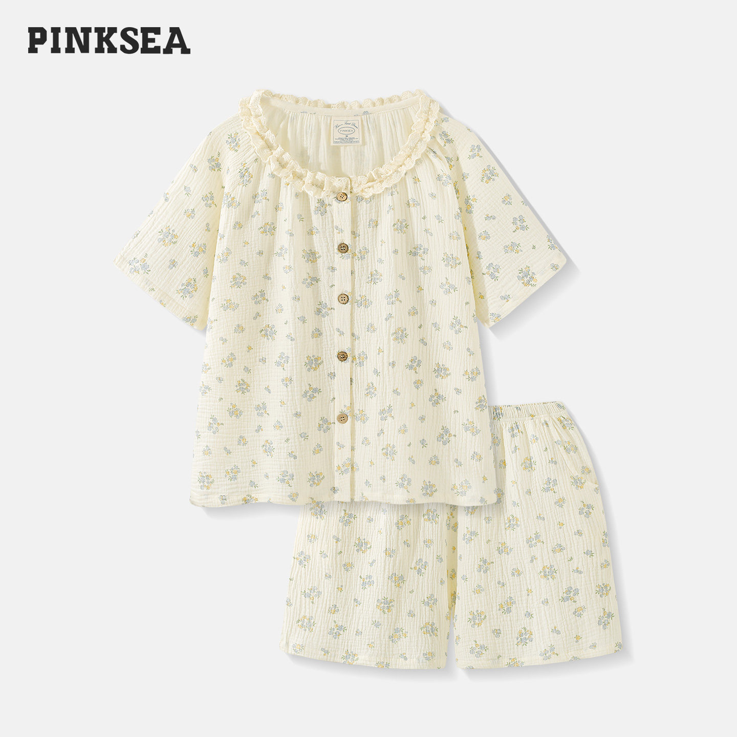 Pinksea睡衣女款新款夏季超柔软纯棉纱布碎花短袖套装女士家居服