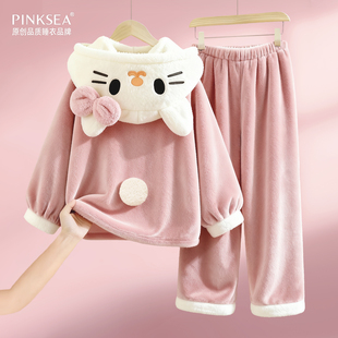 Pinksea睡衣女款冬季珊瑚绒加厚可爱粉色猫猫保暖家居服大码套装