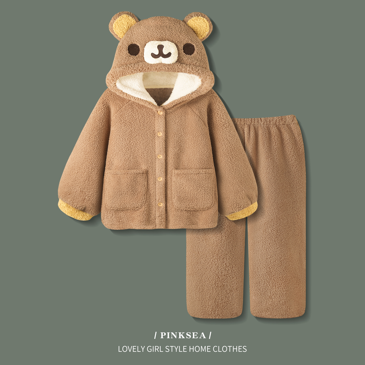 睡衣女冬季加厚珊瑚绒小熊家居服