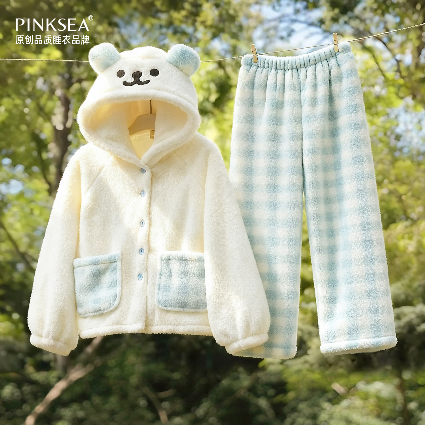 睡衣女冬珊瑚绒小熊可爱保暖套装
