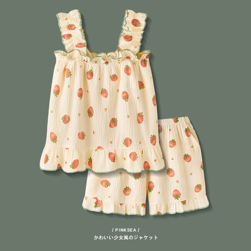 睡衣女款夏季薄款纯棉纱布吊带短裤两件套2023年新款家居服套装