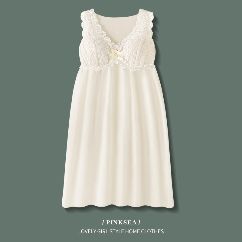 Pinksea睡裙夏季女款纯欲白色蕾丝吊带连衣裙凉感带胸垫薄款睡衣
