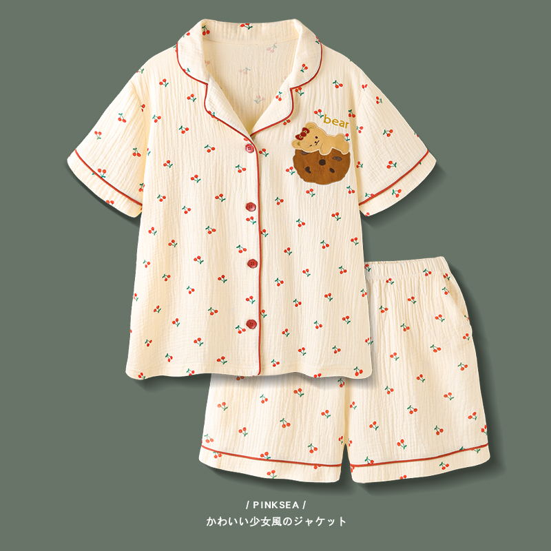 【设计师联名】睡衣夏季女曲奇小熊纯棉纱布短袖短裤新款日系套装