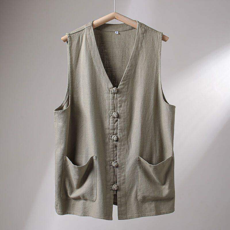 棉麻透气夏季男士中国风复古盘扣领宽松背心马甲外套老头汗衫全棉