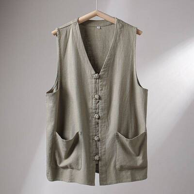 棉麻透气夏季男士中国风复古盘扣领宽松背心马甲外套老头汗衫全棉