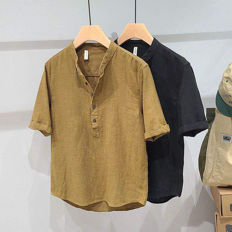 纯色亚麻立领短袖衬衫男士工装夏季新款简约棉麻时尚青年休闲衬衣