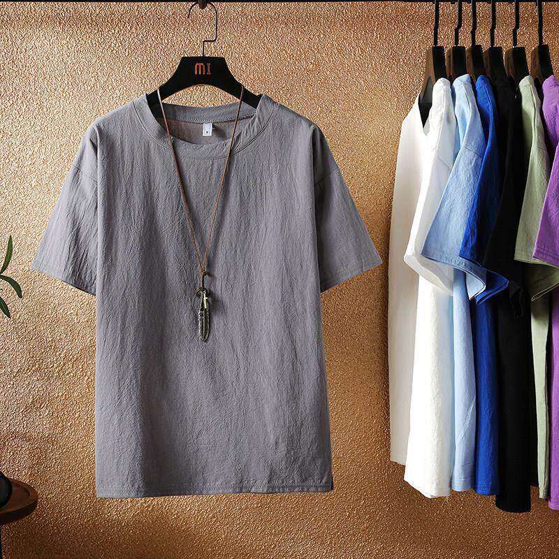 2021夏季亚麻短袖T恤男士帅气半袖体恤胖子加肥加大码宽松上衣服