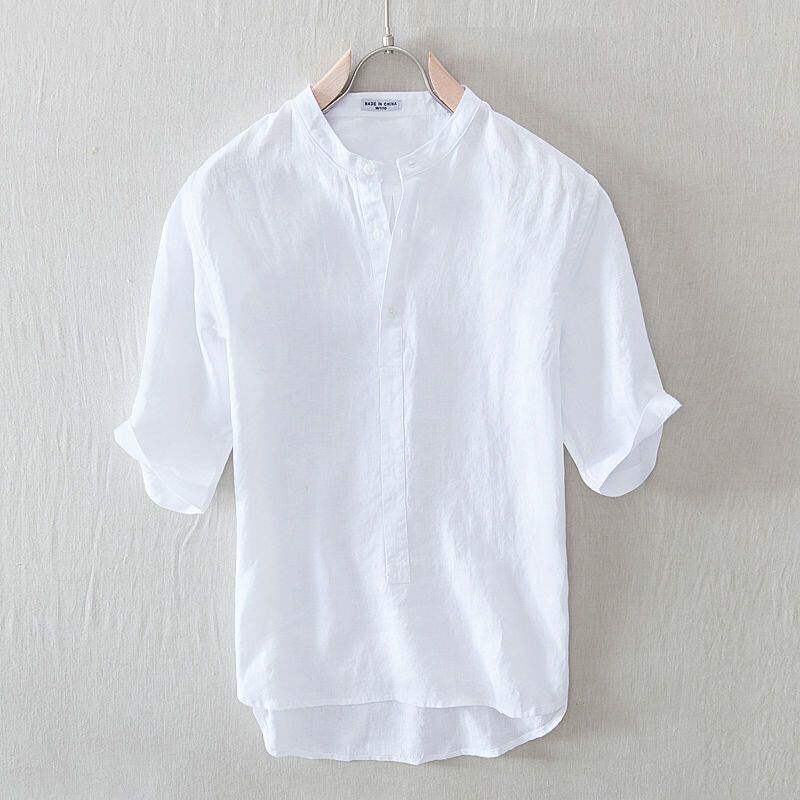 夏季薄款中国风立领短袖亚麻衬衫男宽松polo半袖棉麻白色T恤上衣