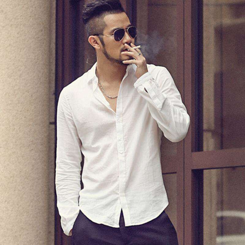 沙滩透气白色长袖亚麻衬衫男士休闲薄款修身麻料宽松防晒棉麻衬衣