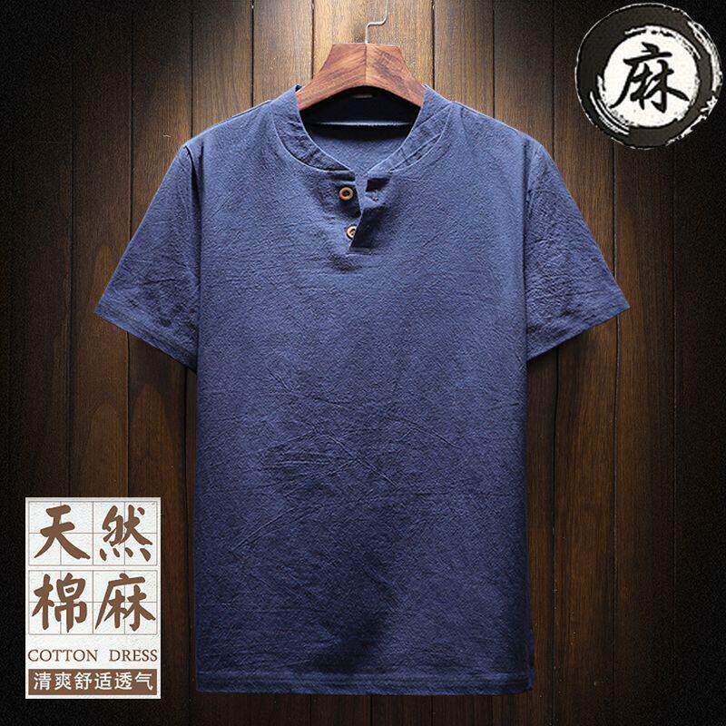 棉麻短袖恤男上衣宽松亚麻料血薄款胖子半袖加肥加大码男装体恤