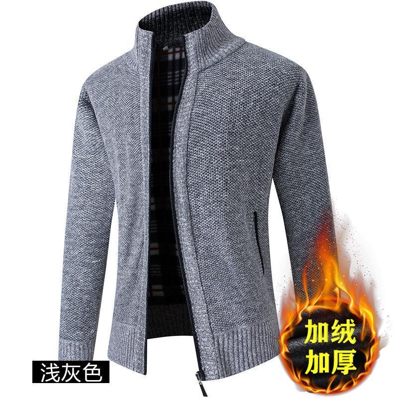 秋冬新款男装休闲毛衣加绒加厚立领男士宽松纯色针织衫保暖外套潮