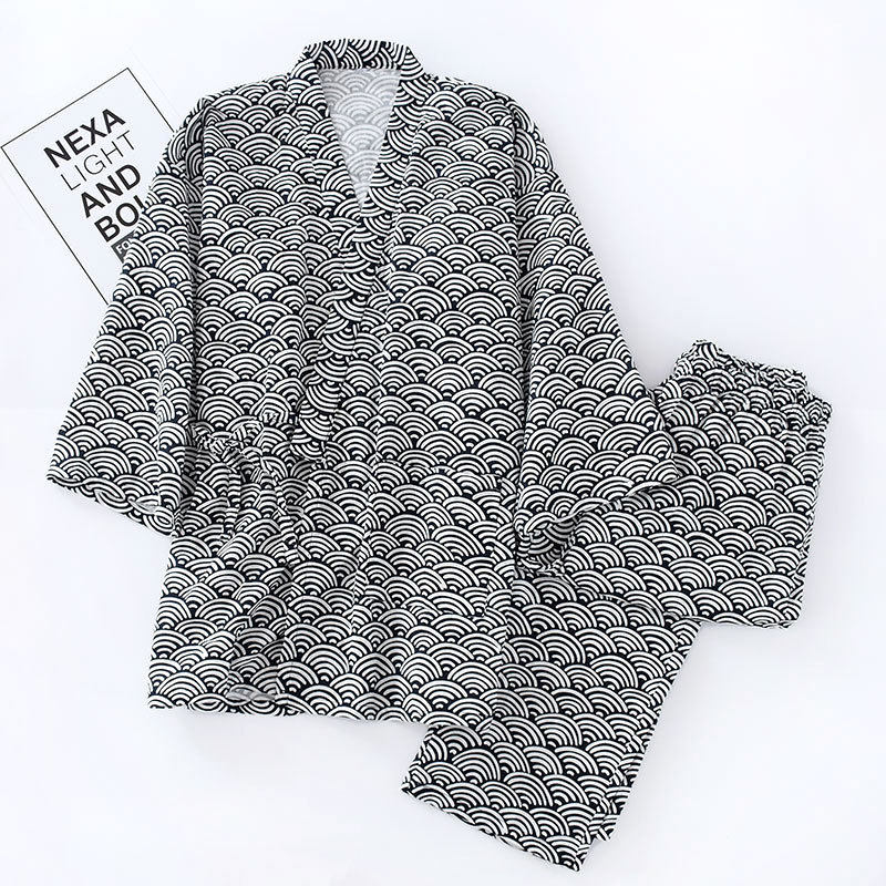 新款男士夏薄款长袖长裤和服睡衣