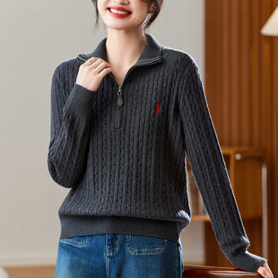 棉茧 厚款针织衫战马刺绣2025新款开襟套头毛衣女长袖肯条纹提花