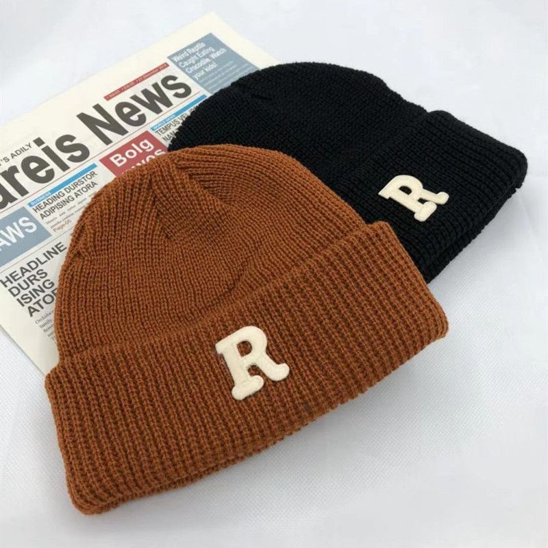 毛线帽男款针织帽女韩版休闲R字母毛线学生逛街瓜皮帽男套头帽子