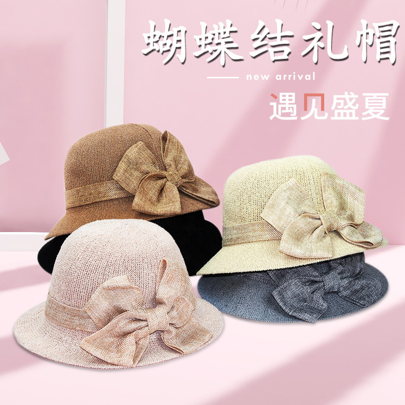 春夏新款英伦防晒蝴蝶结礼帽子 棉麻透气可折叠 女士太阳帽沙滩帽