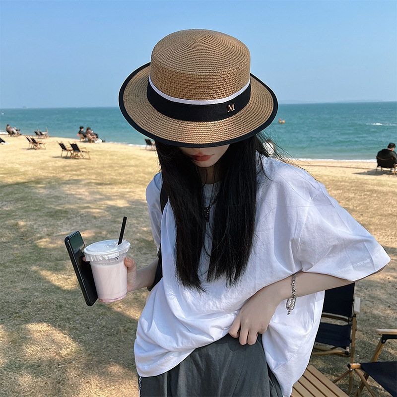 甬制平顶草帽遮阳编织女帽夏季防晒海边礼帽度假字母太阳遮脸防紫