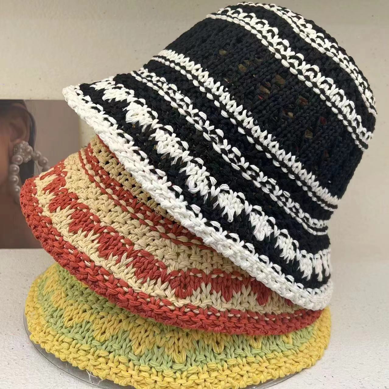 韩国泫雅风ins彩色条纹遮阳帽手工编织草帽女夏季度假沙滩太阳帽