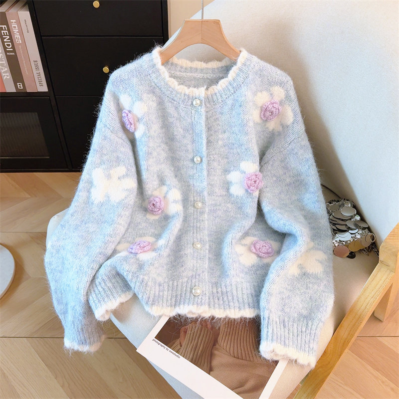 DuoDuo重工花朵刺绣提花红色圆领开衫毛衣女感宽松开衫外套,女装/女士精品,毛衣,淘宝优惠券,粉丝福利购,淘宝优惠卷