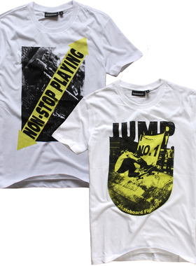 夏季男士极限运动纯棉印花字母T恤街头轮滑板短袖白色潮流圆领TEE