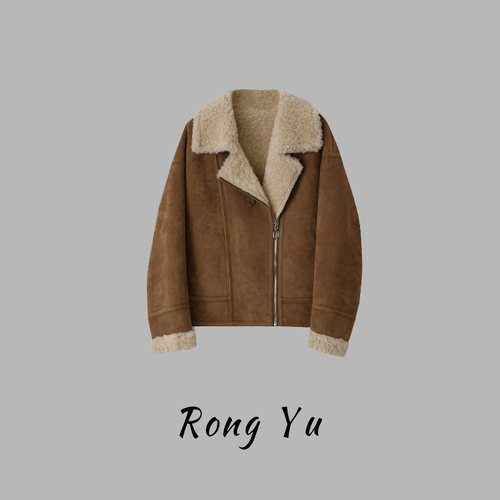 【容雨RYHOME】斜拉链复古机车羊毛翻领夹克263W2897