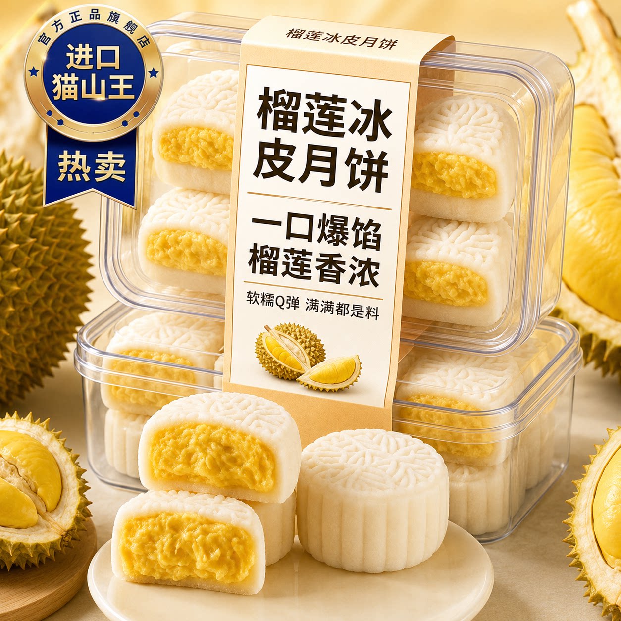 高品质猫山王榴莲冰皮月饼官方旗舰店榴莲月饼爆浆独立装中秋礼盒