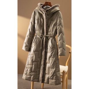 海宁绵羊皮水貂连帽真皮羽绒服2025秋冬中长修身 保暖皮衣外套 时尚