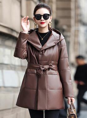 海宁真皮绵羊皮鹅绒羽绒服2025秋冬新款简约休闲绑带收腰皮衣外套