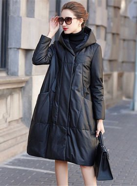 海宁真皮绵羊皮羽绒服连帽中长款宽松版外套2025秋冬季新款皮衣女