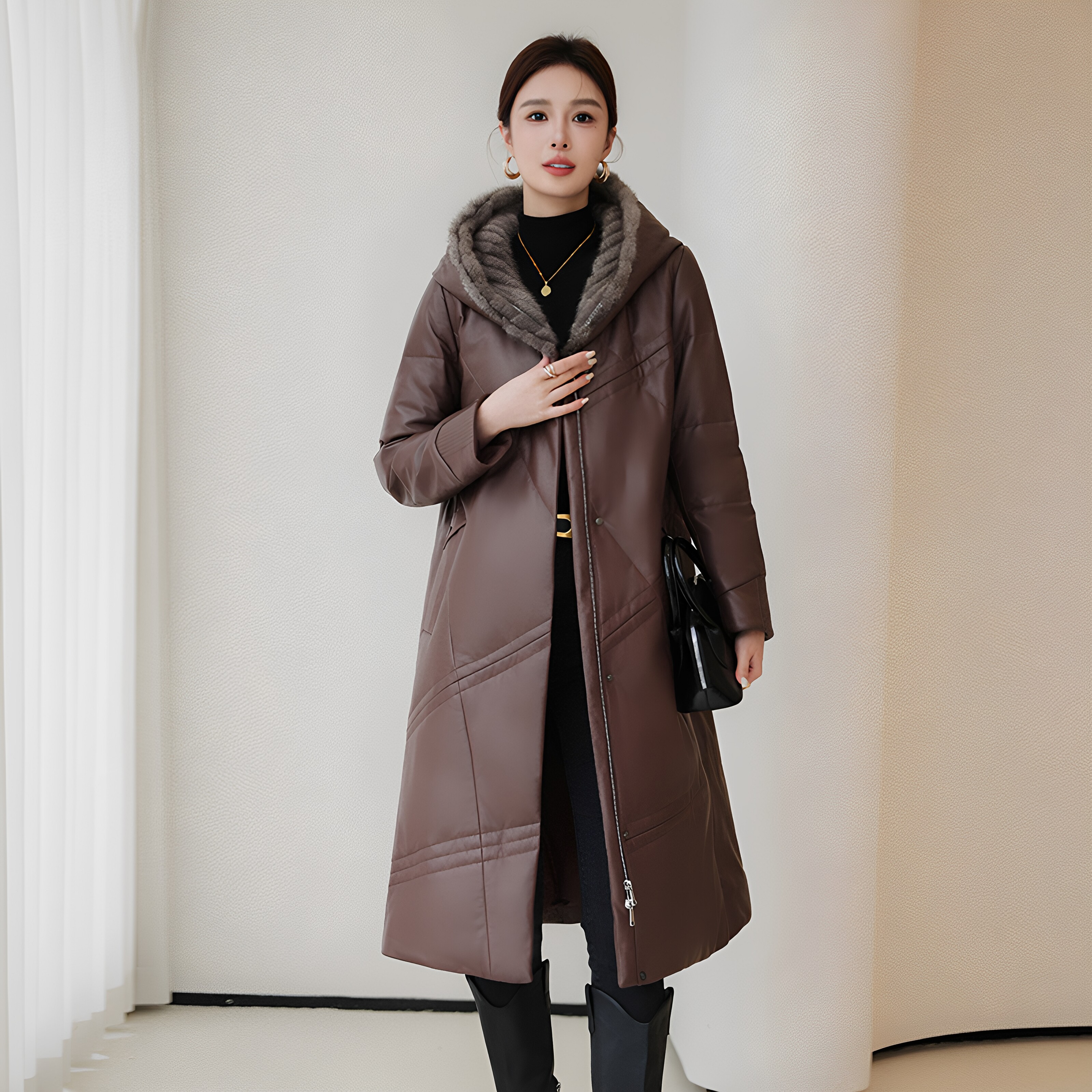真皮绵羊皮鹅绒羽绒服连帽皮衣女