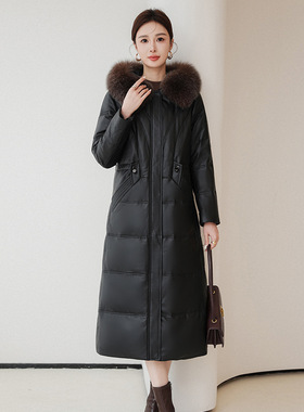 海宁绵羊皮鹅绒羽绒服皮衣2025冬季新款狐狸毛领长款连帽真皮外套