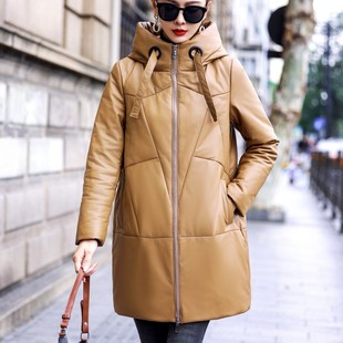皮衣外套女 卡其黄中长休闲大码 海宁真皮绵羊皮羽绒服2025冬季 新款