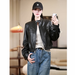 美茱海宁全植鞣绵羊皮外套女26春秋真皮短款 立领休闲机车夹克皮衣