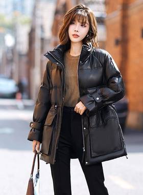 真皮绵羊皮收腰羽绒服皮衣外套女