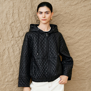 海宁真皮绵羊皮短款 蚕丝棉服外套女2026秋冬连帽宽松绗线菱格皮衣