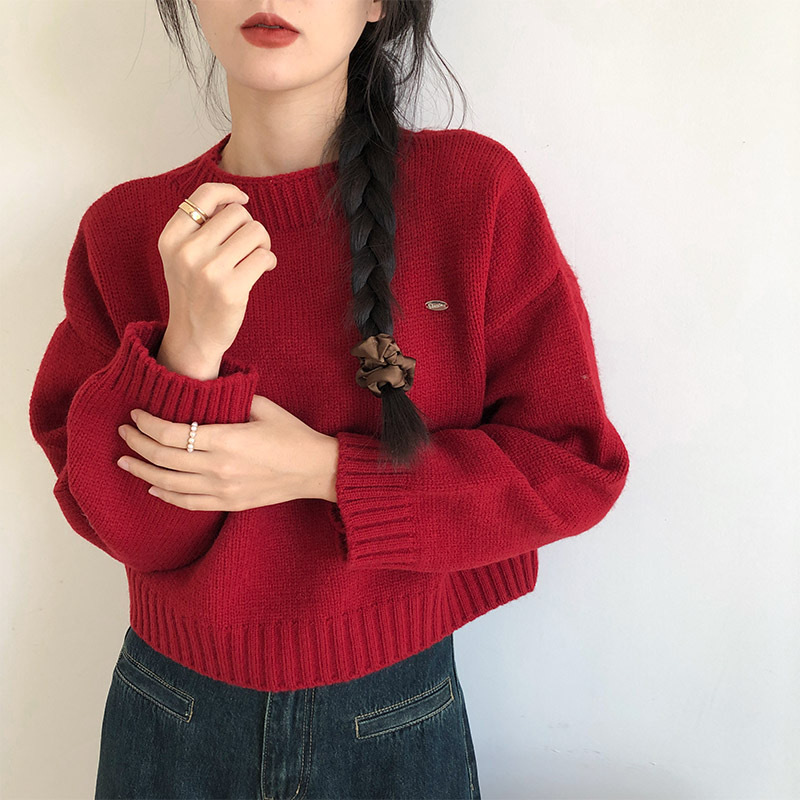 红色高端100纯山羊绒衫女短款圆领秋冬宽松粗线加厚欧货毛衣外穿