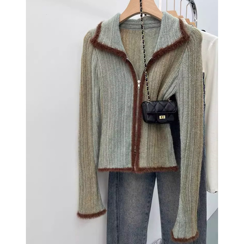 秋冬独特别致美式复古辣妹渐变色翻领上衣毛衣针织打底开衫女内搭