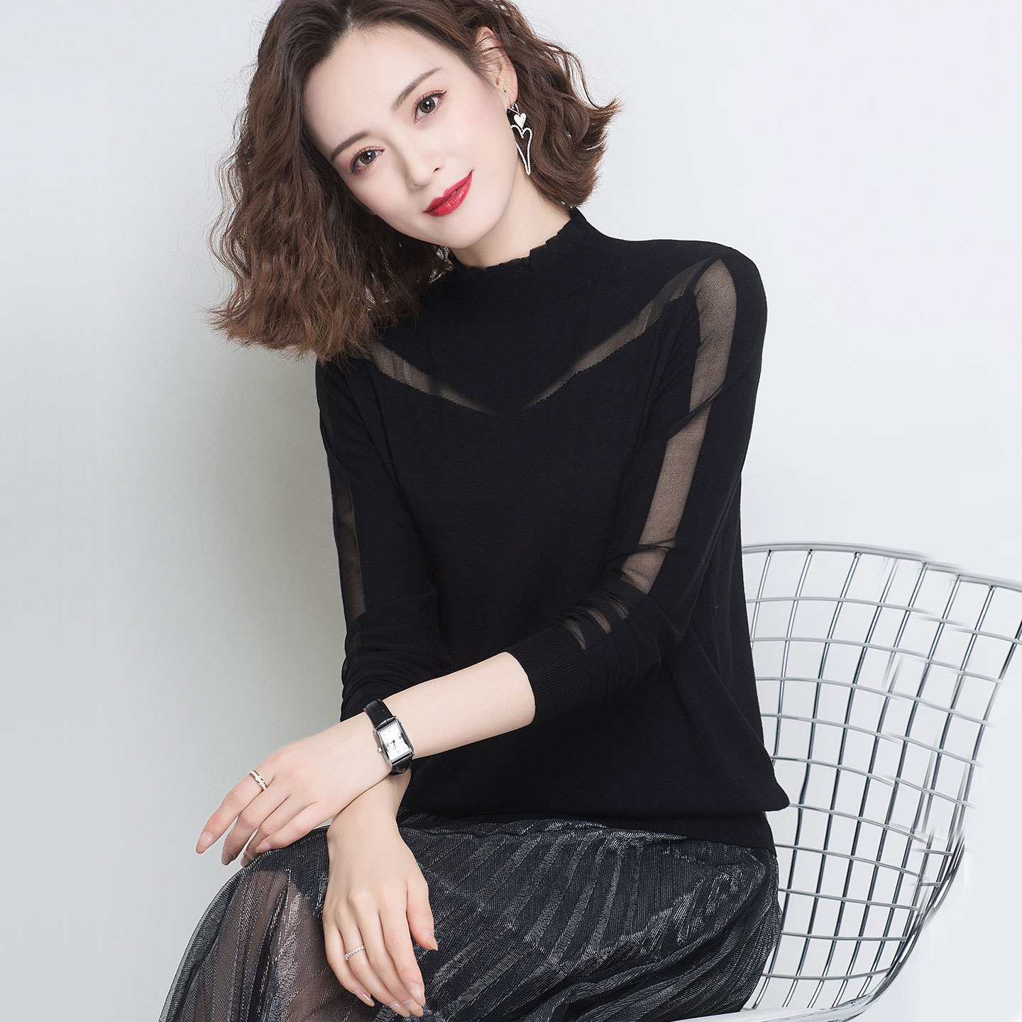 【厂家直供】半高领女士毛衣春秋薄款纯色花边洋气减龄短款打底衫